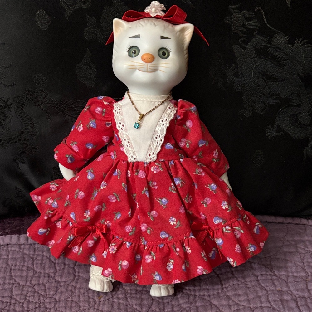 Adorable Cat Doll in Red Floral Dress